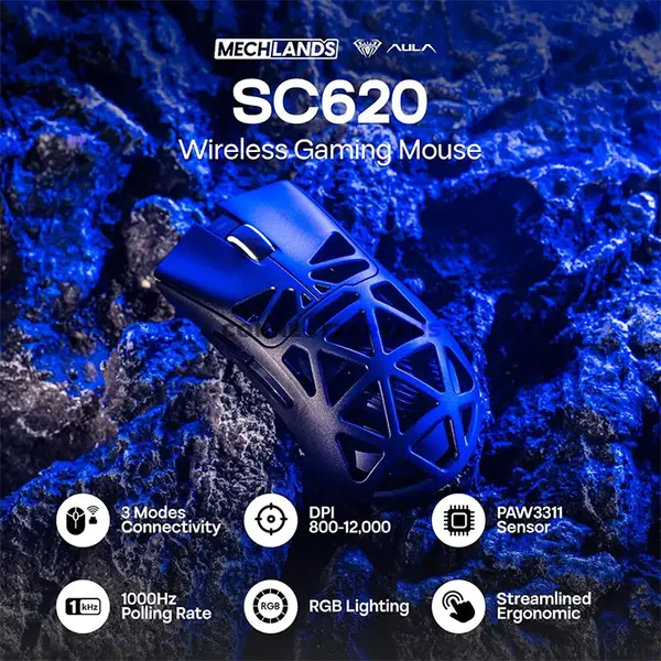 AULA SC620 Black Tri-Mode Wireless Gaming Mouse, 67g Lightweight Honeycomb Design, 3311 Sensor Chip, Wired / 2.4GHz / Bluetooth Connectivity, 400mAh Battery, Ergonomic Esports Mouse