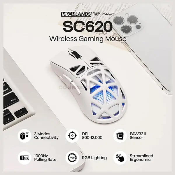 AULA SC620 White Tri-Mode Wireless Gaming Mouse, 67g Lightweight Honeycomb Design, 3311 Sensor Chip, Wired / 2.4GHz / Bluetooth Connectivity, 400mAh Battery, Ergonomic Esports Mouse