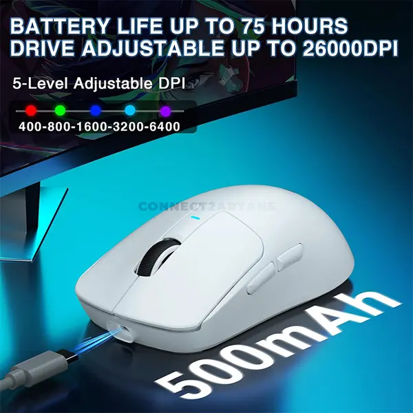AULA SC680 White Ergonomic Tri-Mode Wireless Gaming Mouse, PAW3395 Sensor, Up to 26,000 DPI, 58g Lightweight Design, 1000Hz Polling Rate, 7 Buttons, Bluetooth / 2.4GHz / USB-C Wired, 500mAh Battery