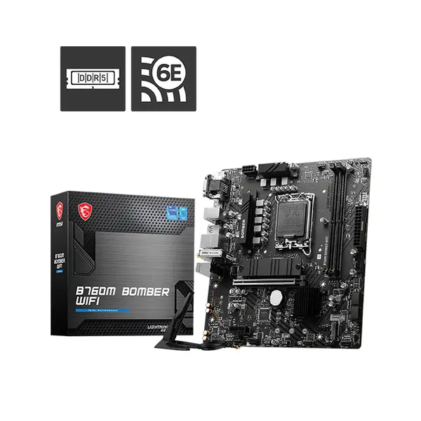 MSI B760M BOMBER WIFI DDR5 Micro-ATX Gaming Motherboard, Intel LGA1700 Socket, PCIe 4.0, WiFi 6, DDR5 Memory Support