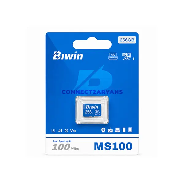 Biwin MS100 UHS-I microSD Memory Card, Up to 256GB Capacity, 100MB/s Read Speed, Up to 50MB/s Write Speed, U3 V30 A1, Class 10 & High-Durability Storage