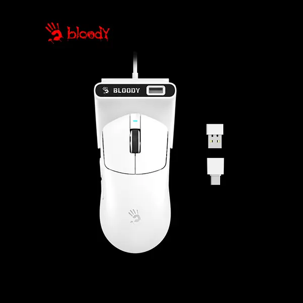 Bloody R77 Ultra Dock Wireless Gaming Mouse White, 20000 CPI Optical Sensor, 2.4GHz Wireless & USB Wired Connectivity, Charging Dock Included, Esports Gaming Mouse