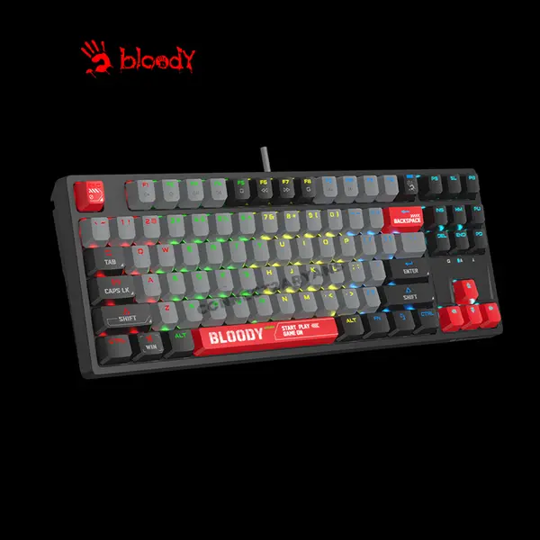 Bloody S87 Energy Red Mechanical Gaming Keyboard, Red Mechanical Switches, 87-Key Tenkeyless Layout, RGB Backlighting, Hot-Swappable Design, Wired Gaming Keyboard