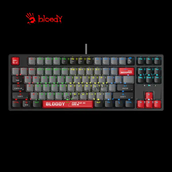 Bloody S87 Energy Red Mechanical Gaming Keyboard, Red Mechanical Switches, 87-Key Tenkeyless Layout, RGB Backlighting, Hot-Swappable Design, Wired Gaming Keyboard