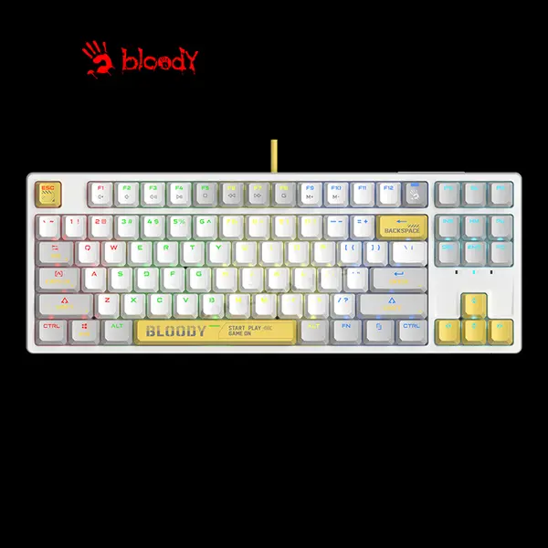 Bloody S87 Energy White Mechanical Gaming Keyboard, Red Mechanical Switches, 87-Key Tenkeyless Layout, RGB Backlighting, Hot-Swappable Design, Wired Gaming Keyboard