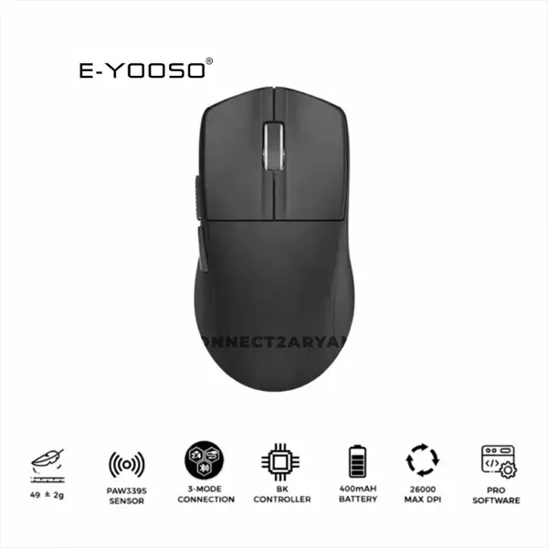 E-YOOSO X-44 1K Tri-Mode Wireless Gaming Mouse Black, Bluetooth + 2.4GHz Wireless + Wired Connectivity, RGB Lighting Effects, Ergonomic Gaming Mouse
