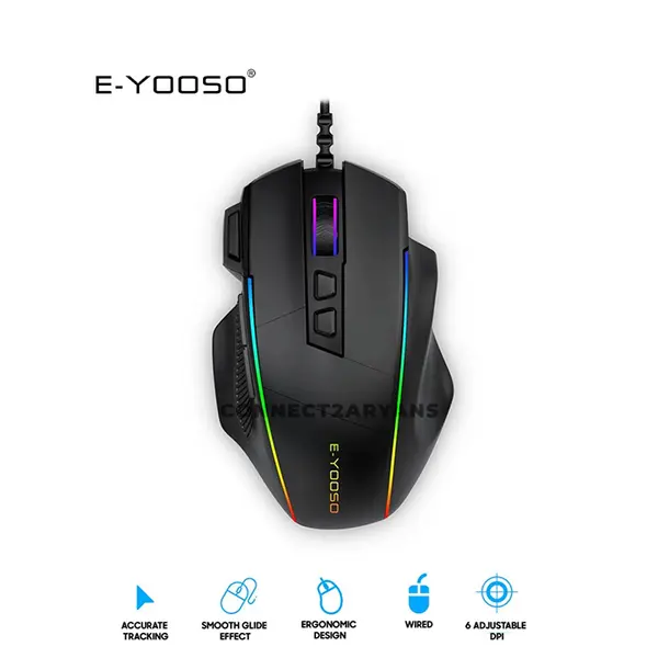 E-YOOSO X-49 Wired Gaming Mouse Black, 12400 DPI Optical Sensor, 9 Programmable Buttons, RGB Lighting Effects, USB Connectivity, High-Performance Gaming Mouse