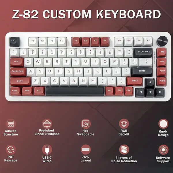 E-YOOSO Z-82 Mechanical Gaming Keyboard White Black Red, Silver Wood Switches, RGB Backlighting, 82-Key Compact Layout, Wired Mechanical Keyboard