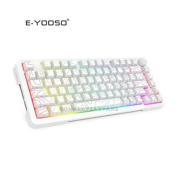 E-YOOSO Z-82 Tri-Mode Wireless Mechanical Gaming Keyboard White Contour, Silver Wood Switches, RGB Backlighting, Bluetooth 5.0 + 2.4GHz Wireless + Wired Connectivity, 82-Key Compact Layout