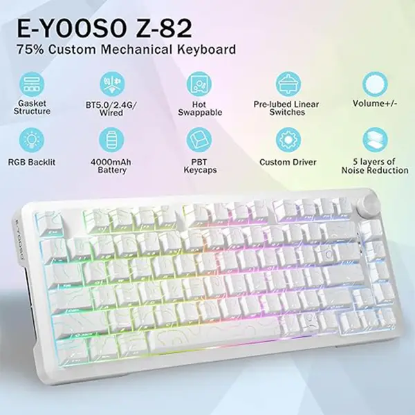 E-YOOSO Z-82 Tri-Mode Wireless Mechanical Gaming Keyboard White Contour, Silver Wood Switches, RGB Backlighting, Bluetooth 5.0 + 2.4GHz Wireless + Wired Connectivity, 82-Key Compact Layout