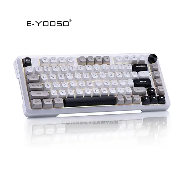 E-YOOSO Z-82 Tri-Mode Wireless Mechanical Gaming Keyboard White Gray Black, Silver Wood Switches, RGB Backlighting, Bluetooth 5.0 + 2.4GHz Wireless + Wired Connectivity, 82-Key Compact Layout
