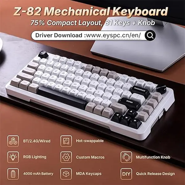 E-YOOSO Z-82 Tri-Mode Wireless Mechanical Gaming Keyboard White Gray Black, Silver Wood Switches, RGB Backlighting, Bluetooth 5.0 + 2.4GHz Wireless + Wired Connectivity, 82-Key Compact Layout