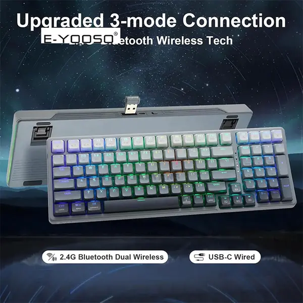E-YOOSO Z-99 Tri-Mode Wireless Mechanical Gaming Keyboard Gradient Gray, Silver Wood Switches, RGB Backlighting, Bluetooth 5.0 + 2.4GHz Wireless + Wired Connectivity, 99-Key Compact Layout