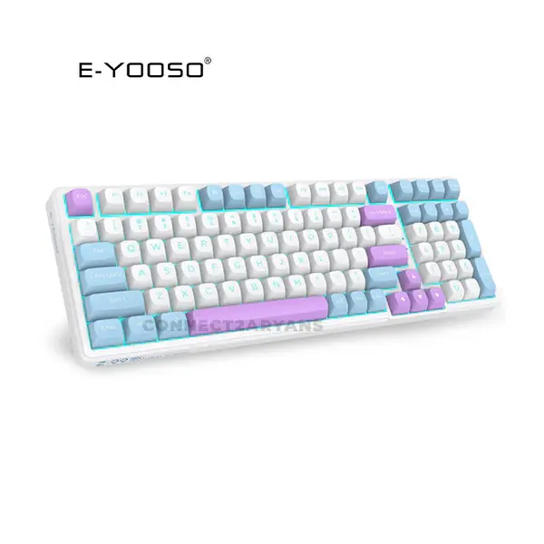 E-YOOSO Z-99 Tri-Mode Wireless Mechanical Gaming Keyboard White Blue Purple, Silver Wood Switches, RGB Backlighting, Bluetooth 5.0 + 2.4GHz Wireless + Wired Connectivity, 99-Key Compact Layout