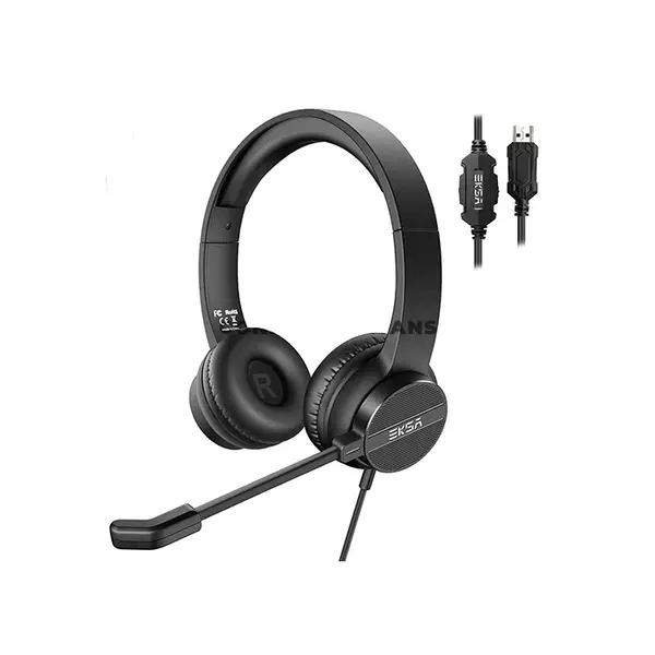 EKSA H12E Wired ENC Headset, 40mm Driver, USB-A Connectivity, Environmental Noise-Cancelling Microphone, On-Ear Design, 160g Lightweight Build, 2.1m Cable, In-Line Controls for Calls and Office Use