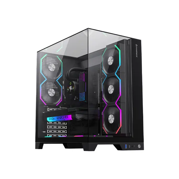 GameMax INFINITY PRO Panoramic Mid Tower Gaming PC Case Black Edition, Tempered Glass Chassis, Full-View Showcase Design, Premium Gaming and Performance PC Case