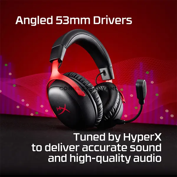 HyperX Cloud III S Wireless Gaming Headset Black/Red, 53mm Angled Dynamic Drivers, 2.4GHz Wireless & Bluetooth 5.3, Up to 120-Hour 2.4GHz / 200-Hour Bluetooth Battery Life, Detachable 10mm Microphone, 20m Wireless Range, Multi-Platform Gaming Headset