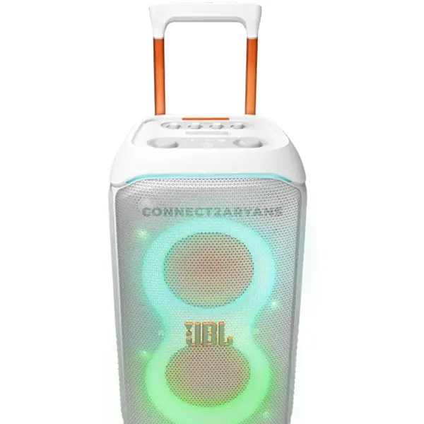 JBL PartyBox Stage 320 White Portable Party Speaker, 240W RMS JBL Pro Sound, AI Sound Boost, Bluetooth 5.4, Adaptive Lightshow, 18-Hour Battery, IPX4 Splashproof, Auracast, Dual Mic & Guitar Inputs, Wheels & Handle