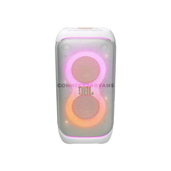 JBL PartyBox Stage 320 White Portable Party Speaker, 240W RMS JBL Pro Sound, AI Sound Boost, Bluetooth 5.4, Adaptive Lightshow, 18-Hour Battery, IPX4 Splashproof, Auracast, Dual Mic & Guitar Inputs, Wheels & Handle