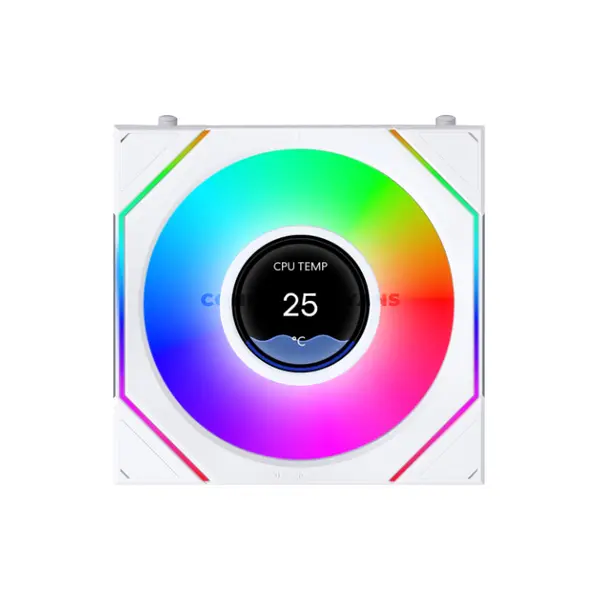LIAN LI UNI FAN SL-INF LCD FLEX 120 White ARGB PWM Case Fans 3-Pack, Standard Blade, 1.8-Inch 400×400 LCD, 2000 RPM, 59.2 CFM, 2.34mmH₂O, 64 LEDs, FDB Bearing, Model 12SLIND1F3W