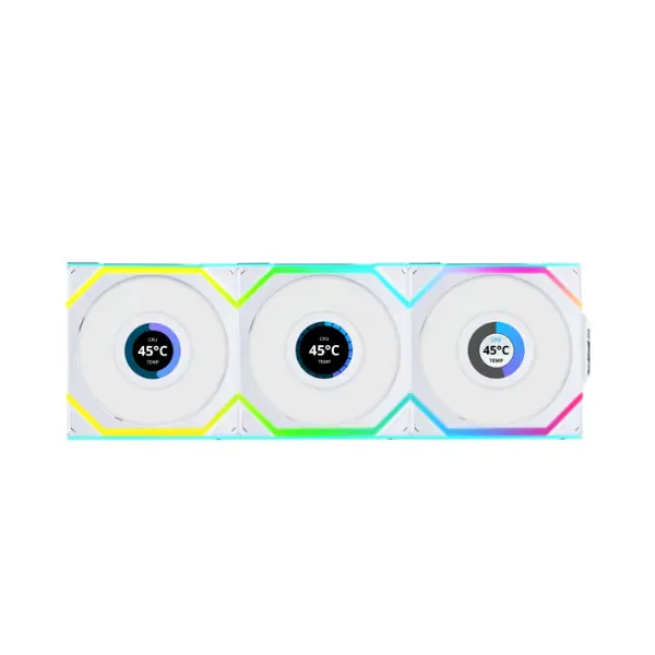 Lian Li UNI FAN SL Wireless LCD 120 ARGB Case Fan Kit White, Triple 120mm PWM Fans, Integrated LCD Display, 1900 RPM Fan Speed, 58.08 CFM Airflow, Wireless Controller ARGB Cooling Fan Pack