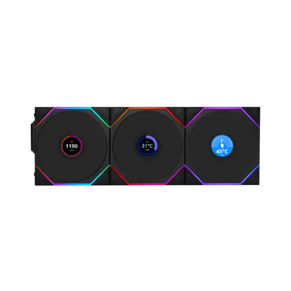 Lian Li UNI FAN TL-LCD Wireless 120 ARGB Case Fan Kit Black, Triple 120mm PWM Fans, Integrated LCD Display, 1900 RPM Fan Speed, 62 CFM Airflow, Wireless Controller ARGB Cooling Fan Pack