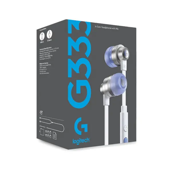 Logitech G333 Gaming Earphones White, Dual Dynamic Audio Drivers, USB-C and 3.5mm AUX Connectivity, In-Line Microphone and Controls, Premium Aluminum Housing, In-Ear Gaming Headset
