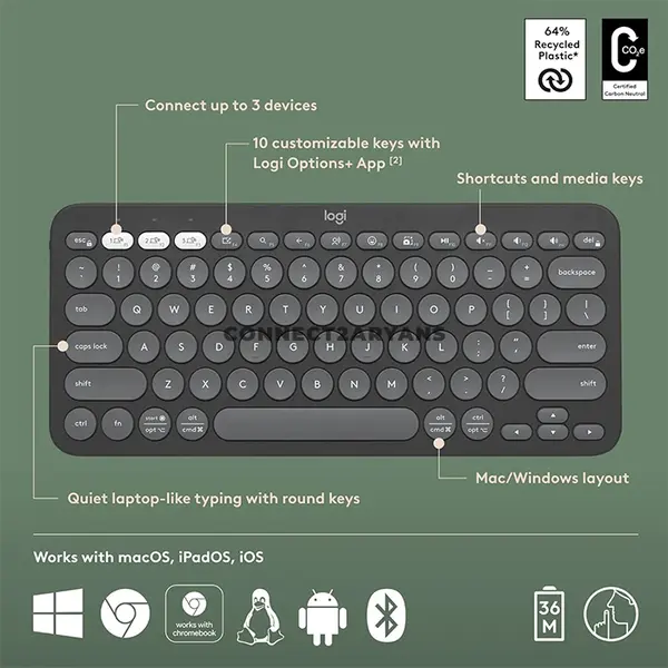 Logitech Pebble Keys 2 K380s Slim Multi-Device Bluetooth Wireless Keyboard, Easy-Switch 3-Device Pairing, Quiet Low-Profile Keys, Customizable Fn Shortcuts & 36-Month Battery Life