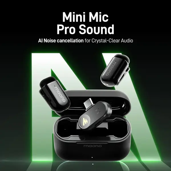 Maono Wave T1 Mini PC2 Wireless Lavalier Microphone, USB-C/Lightning, 48kHz/16-bit Audio, 4-Level AI Noise Cancellation, Charging Case