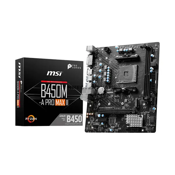MSI B450M-A PRO MAX II AMD B450 Micro-ATX Motherboard, AM4 Socket, Ryzen 5000 Series Support, 2x DDR4 Up to 64GB 4133MHz OC, PCIe 3.0 x16, M.2 PCIe 3.0 x4, HDMI 2.0b, DVI-D, 2.5G LAN & 7.1-Channel HD Audio