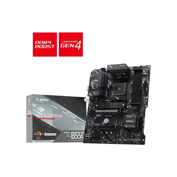 MSI B550 GAMING AMD B550 ATX Motherboard, AM4 Socket, Ryzen 5000 Series Support, 4x DDR4 Up to 128GB 4800+MHz OC, PCIe 4.0 x16, Dual M.2, USB 10Gbps Type-C, HDMI, DisplayPort & 1G LAN