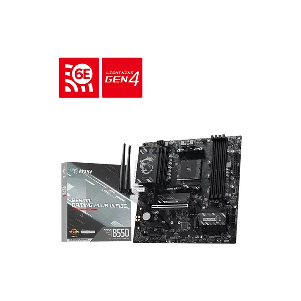 MSI B550M GAMING PLUS WIFI6E AMD B550 Micro-ATX Motherboard, AM4 Socket, Ryzen 5000 Series Support, 4x DDR4 Up to 128GB 4400+ MT/s OC, PCIe 4.0 x16, Dual M.2, Wi-Fi 6E, Bluetooth, Front USB Type-C, HDMI 2.1, DisplayPort 1.4 & 1G LAN