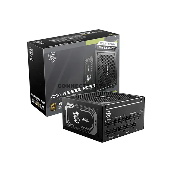 MSI MAG A1250GL PCIE5 1250W Fully Modular Power Supply, ATX 3.1 Ready, PCIe 5.1 16-Pin 600W Connector, 80 PLUS Gold Efficiency, 135mm Fluid Dynamic Bearing Fan, Active PFC, Flat Cables