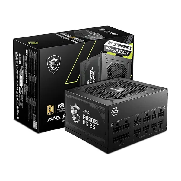 MSI MAG A850GL PCIE5 850W Power Supply Black Edition, 80 PLUS Gold Certified Efficiency, PCIe 5.0 Ready Design, Fully Modular Cable Management, High-Performance Gaming PSU