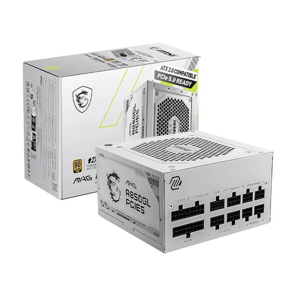 MSI MAG A850GL PCIE5 850W Power Supply White Edition, 80 PLUS Gold Certified Efficiency, PCIe 5.0 Ready Design, Fully Modular Cable Management, High-Performance Gaming PSU