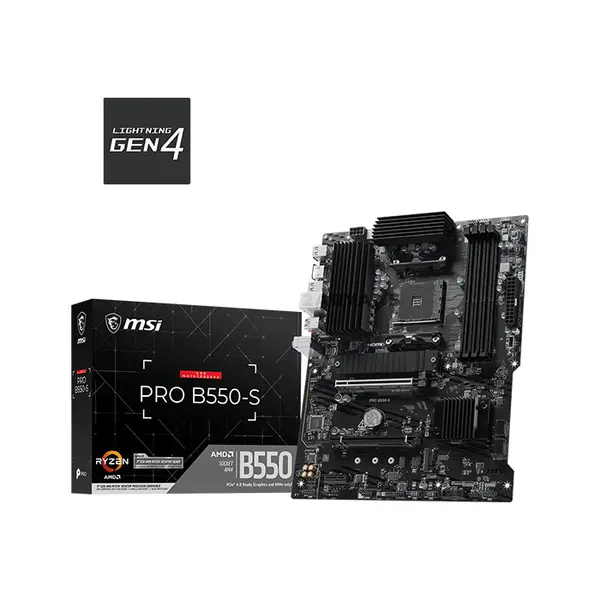 MSI PRO B550-S AMD B550 ATX Motherboard, AM4 Socket, Ryzen 5000 Series Support, 4x DDR4 Up to 128GB 4800+ MT/s OC, PCIe 4.0 x16, Dual M.2, USB 10Gbps Type-C, HDMI & Gigabit LAN