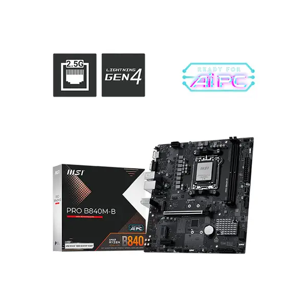 MSI PRO B840M-B Micro-ATX Motherboard, AMD B840 Chipset, AM5 Socket, DDR5 Memory Support, Business and Productivity Ryzen Desktop Platform Motherboard