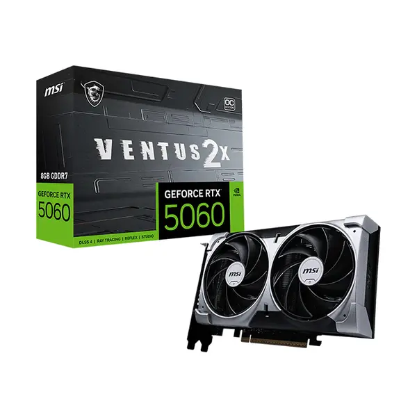MSI GeForce RTX 5060 8G VENTUS 2X OC Graphics Card, 8GB GDDR7 Memory, PCIe 5.0 Interface, Dual-Fan VENTUS Cooling System, HDMI 2.1b and DisplayPort 2.1b Connectivity, Factory Overclocked Gaming GPU