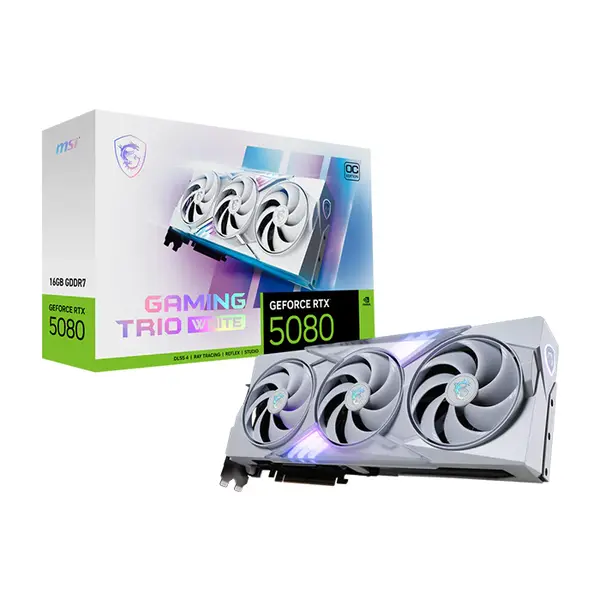MSI GeForce RTX 5080 16G GAMING TRIO OC WHITE 16GB GDDR7 Graphics Card, Triple Fan Cooling, PCIe 5.0, HDMI 2.1b, DisplayPort 2.1b