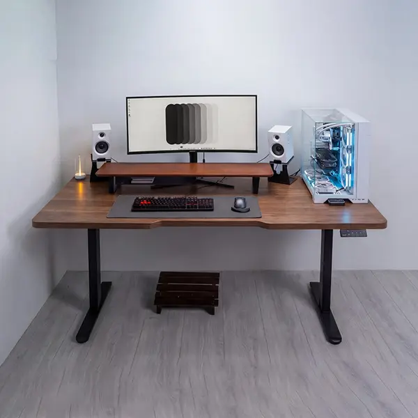 MXG DMD-01 Dual Motor Motorized Sit-Stand Desk Brown Matte Woody Texture Finish, 0.75-Inch Thick Desktop Surface, Electric Height Adjustment System, Ergonomic Workstation for Office and Gaming Environments