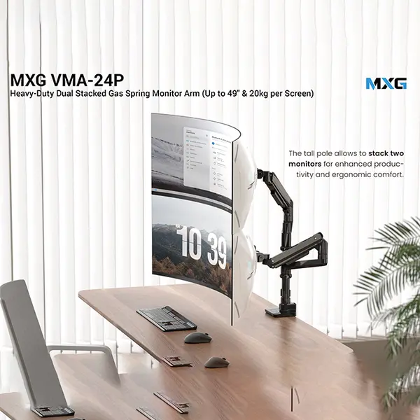 MXG VMA-24P Heavy Duty Dual Monitor Arm, Dual Gas Spring Mechanism, Up to 49-Inch Display Support, 20kg Capacity Per Screen, Professional Multi-Monitor Desk Mount