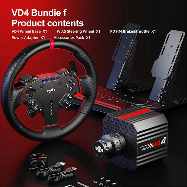 PXN VD4 Bundle Direct Drive Racing Wheel, 4Nm Force Feedback Torque, 11-Inch Steering Wheel, Hall Effect Pedal Set, Wired USB Connectivity, Sim Racing Bundle for PC