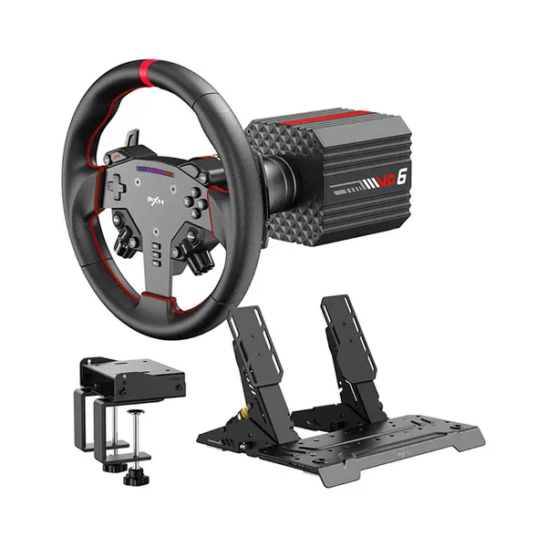 PXN VD6 Bundle Direct Drive Racing Wheel, 6Nm Force Feedback Torque, 280mm Steering Wheel, Hall Effect Pedal Set, Wired USB Connectivity, Professional Sim Racing Bundle for PC