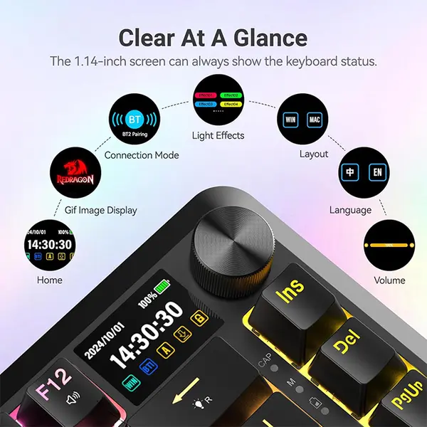 Redragon Flekact Pro K708-RGB Pro Tri-Mode RGB Gaming Keyboard, Wired USB-C, Bluetooth, 2.4GHz Wireless, Mechanical Gaming Design, Multi-Device Connectivity