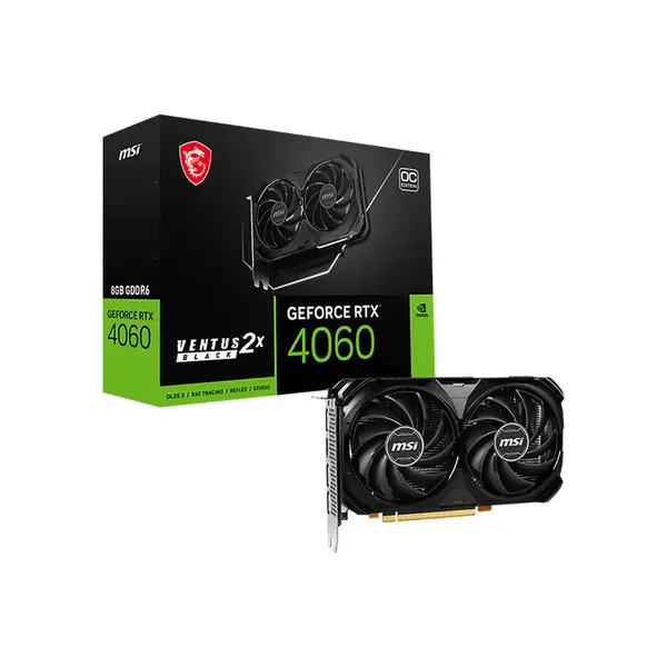 MSI GeForce RTX 4060 VENTUS 2X BLACK 8G OC 8GB GDDR6 Graphics Card, Dual Fan Cooling, PCIe 4.0, HDMI 2.1a, DisplayPort 1.4a