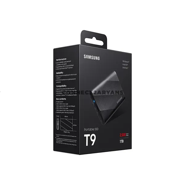 Samsung Portable SSD T9 1TB Black External SSD, USB 3.2 Gen 2x2 20Gbps, Up to 2000MB/s Read & 1950MB/s Write, AES 256-Bit Encryption, MU-PG1T0B/AM
