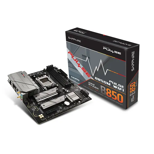 Sapphire B850M PULSE WIFI Motherboard, AMD B850 Chipset, AM5 Socket, DDR5 Memory Support, WiFi 6E Connectivity, Micro-ATX Gaming Motherboard
