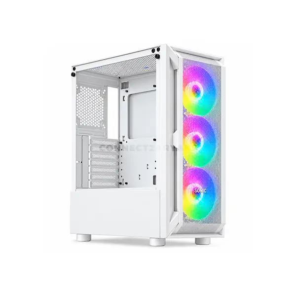 Sonic R19 White ATX ARGB Gaming Case, 3x 120mm Pre-Installed ARGB Fans, Tempered Glass Side Panel, High-Airflow Front Design, ATX / Micro-ATX / Mini-ITX Motherboard Support, 7 Expansion Slots, Mid-Tower Gaming Chassis