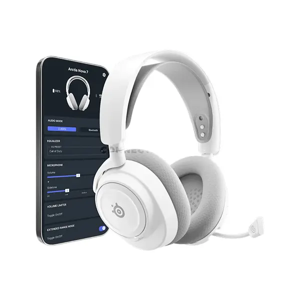SteelSeries Arctis Nova 7 Wireless Gen 2 White Gaming Headset for PC, 2.4GHz + Bluetooth, 50+ Hour Battery, Neodymium Drivers, 360° Spatial Audio, Noise-Rejecting Mic, USB-C & ChatMix