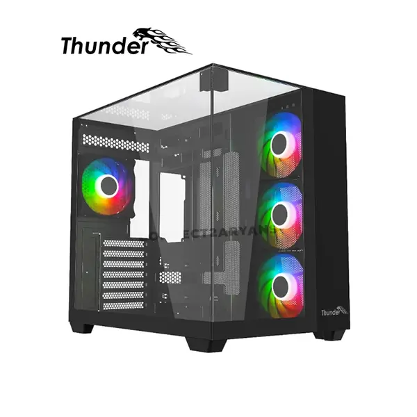 Thunder Battle Station TGC-666 Black ATX Gaming Case, Three-Sided Tempered Glass Panels, 4 Pre-Installed ARGB Infinity Fans, Dual-Chamber Mid-Tower Design